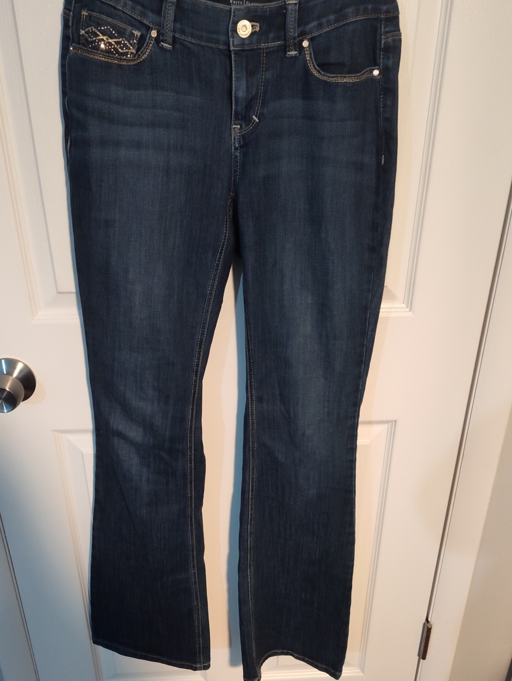 White House Black Market Dark Indigo Bootcut Jeans with Embellished Pocket